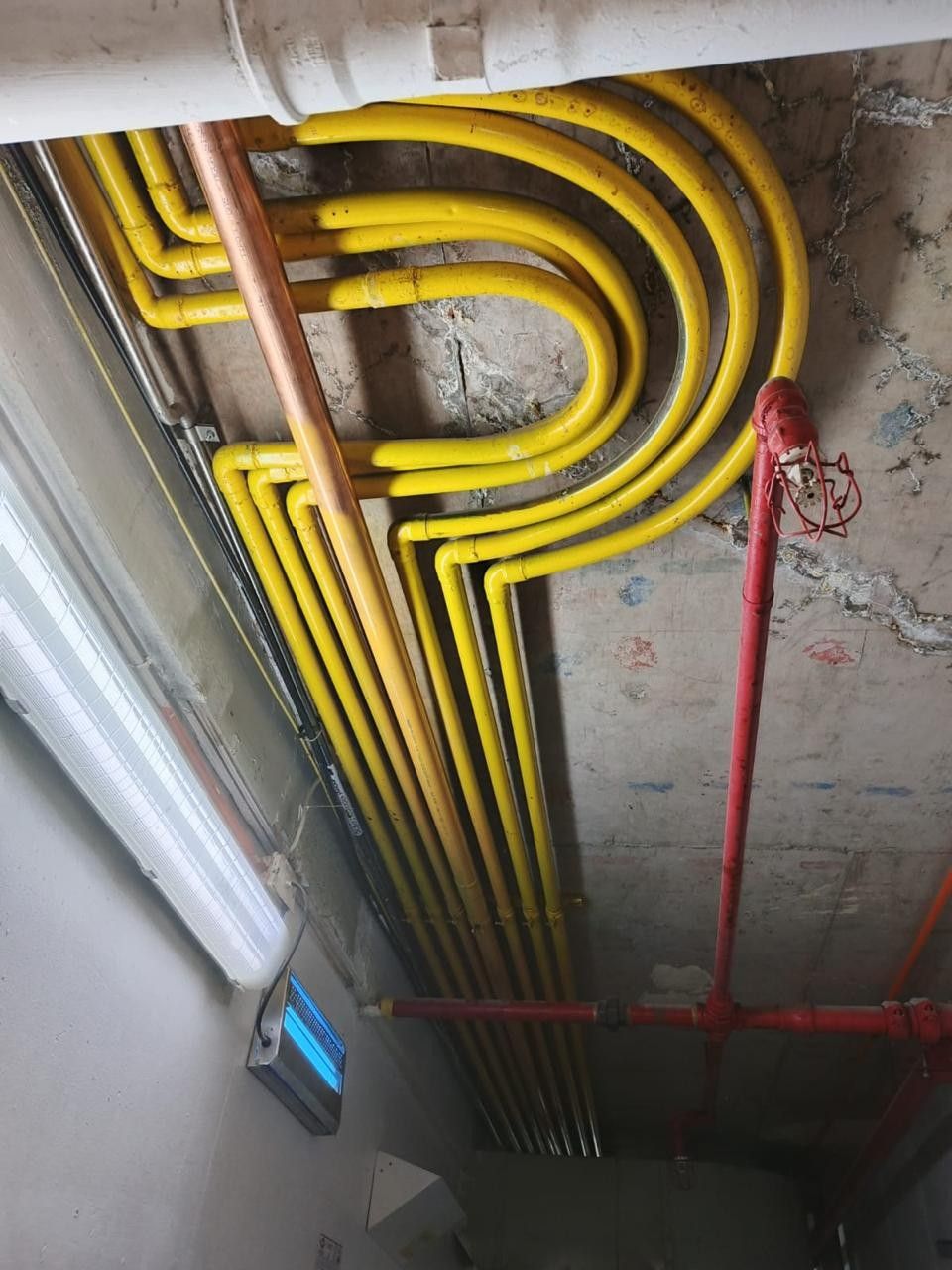 Red de cañerías y red húmeda contra incendio instaladas en cielo técnico